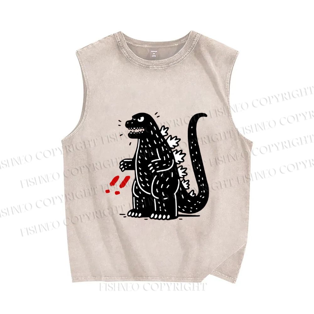 Unisex Godzilla Graffiti Printed Washed Tank Top