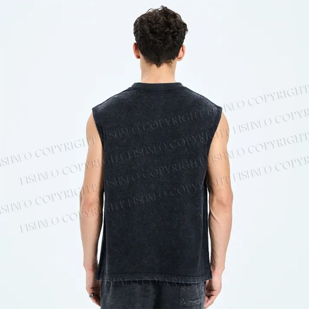 Unisex Japanese Fish Graffiti Printed Washed Tank Top