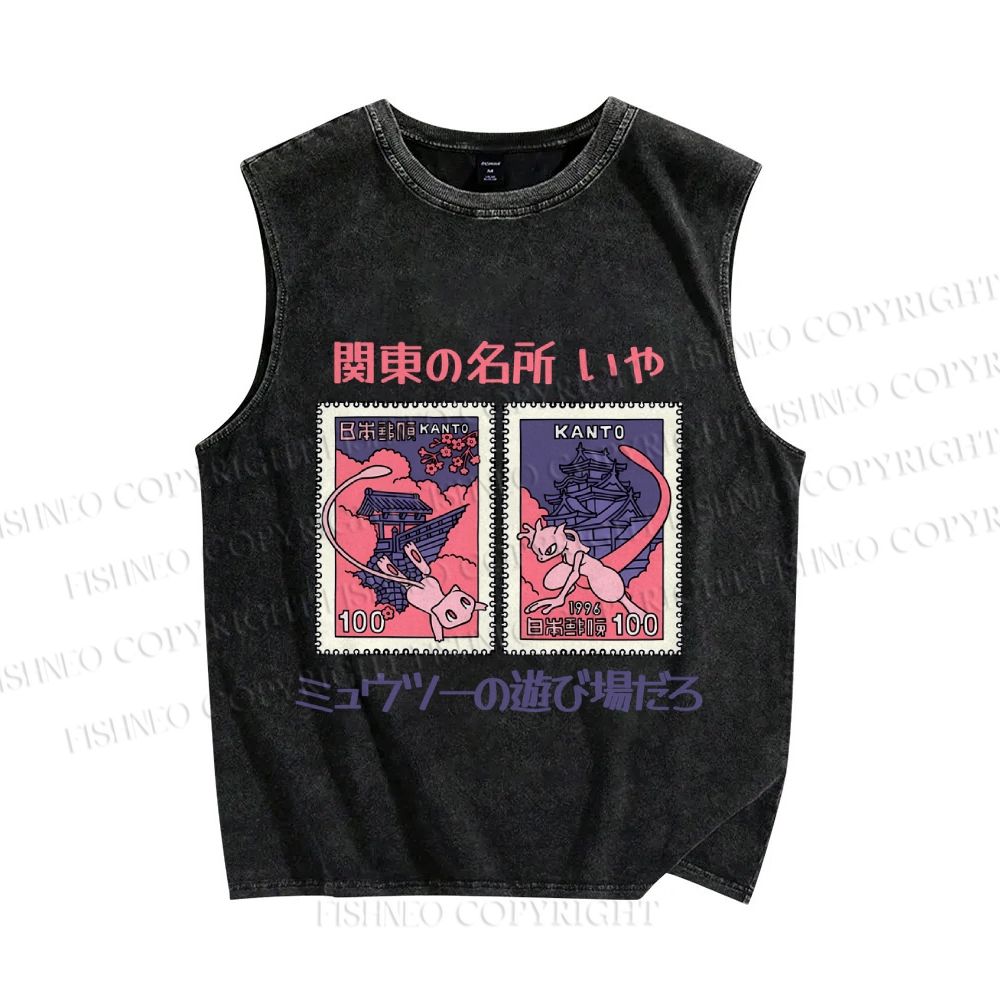 Unisex Japanese Art Stamp Printed Washed Tank Top