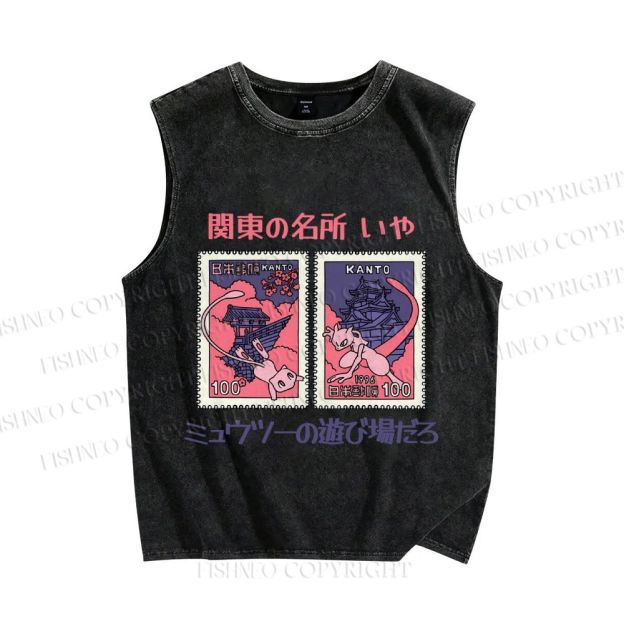 Unisex Japanese Art Stamp Printed Washed Tank Top