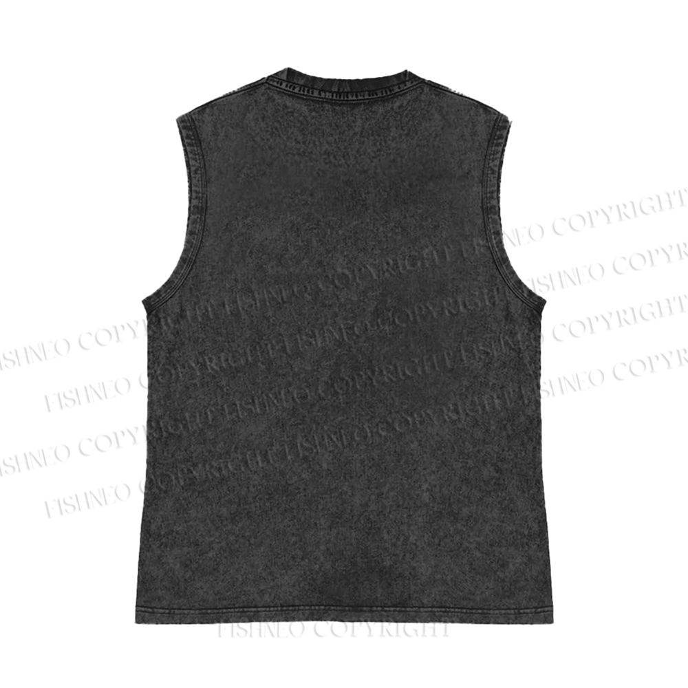 Unisex Japanese Fish Graffiti Printed Washed Tank Top