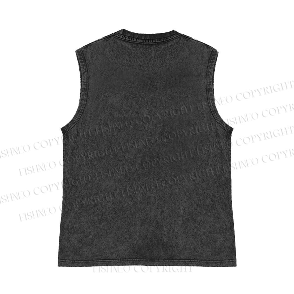 Unisex Japanese Fish Graffiti Printed Washed Tank Top