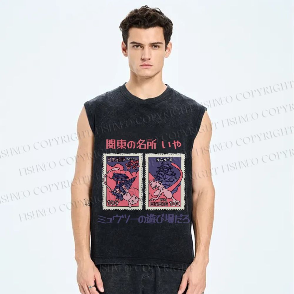 Unisex Japanese Art Stamp Printed Washed Tank Top