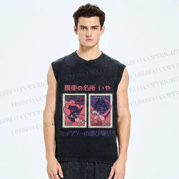 Unisex Japanese Art Stamp Printed Washed Tank Top