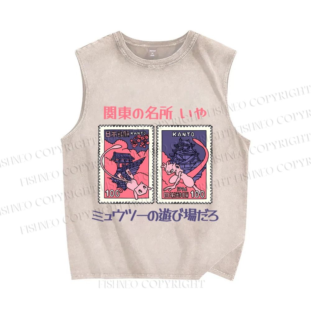 Unisex Japanese Art Stamp Printed Washed Tank Top