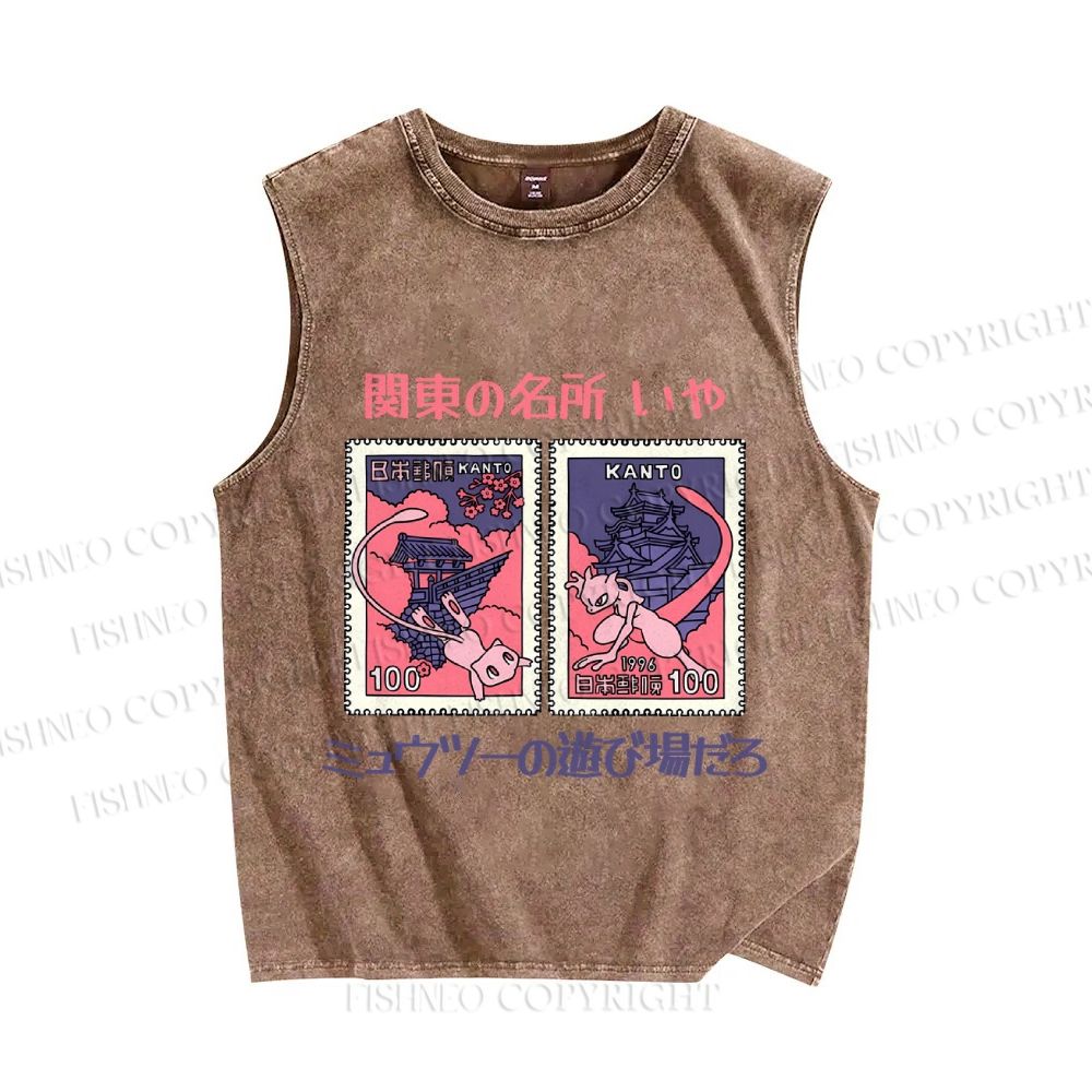 Unisex Japanese Art Stamp Printed Washed Tank Top