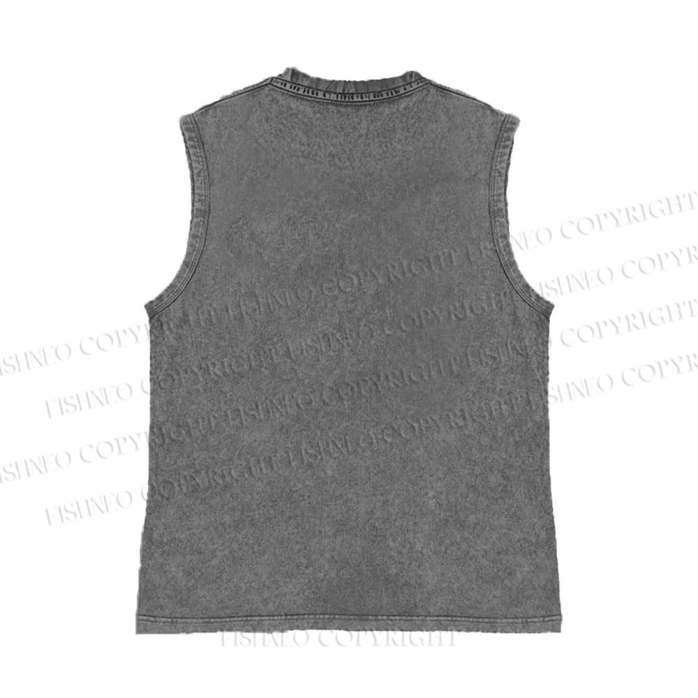 Unisex Japanese Fish Graffiti Printed Washed Tank Top