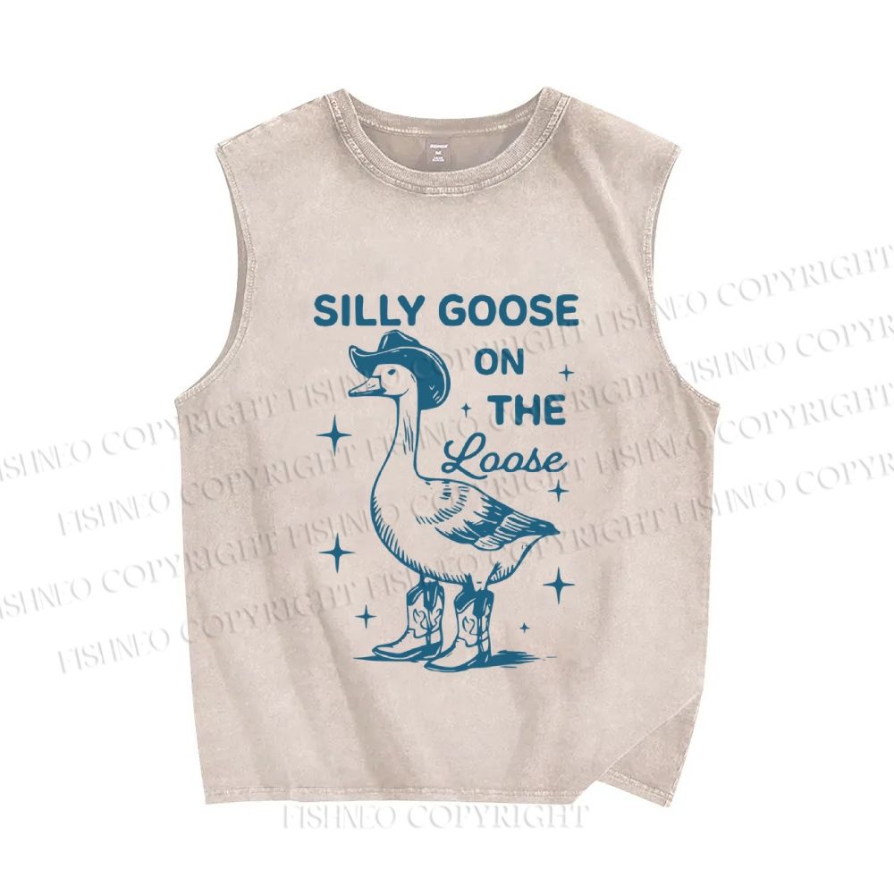 Unisex Vintage Silly Goose On The Loose Printed Washed Tank Top