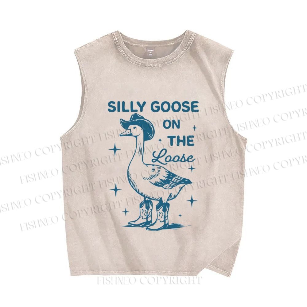 Unisex Vintage Silly Goose On The Loose Printed Washed Tank Top