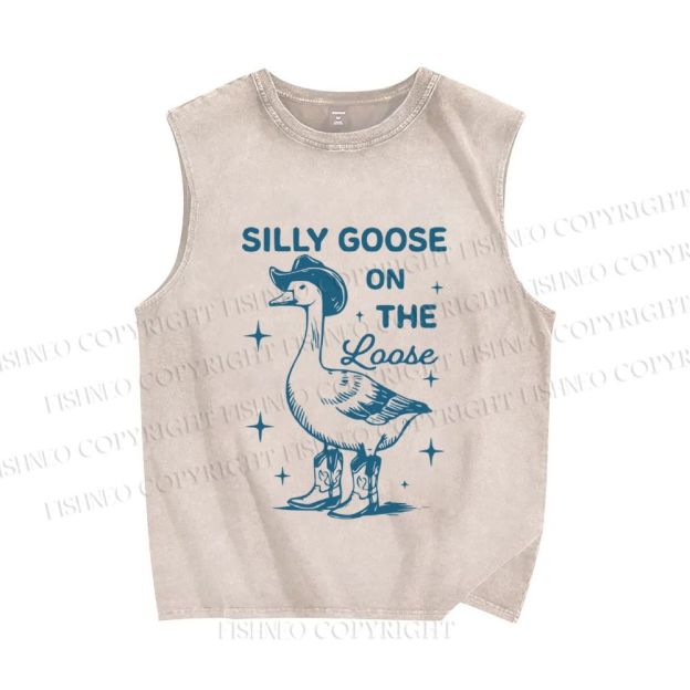 Unisex Vintage Silly Goose On The Loose Printed Washed Tank Top