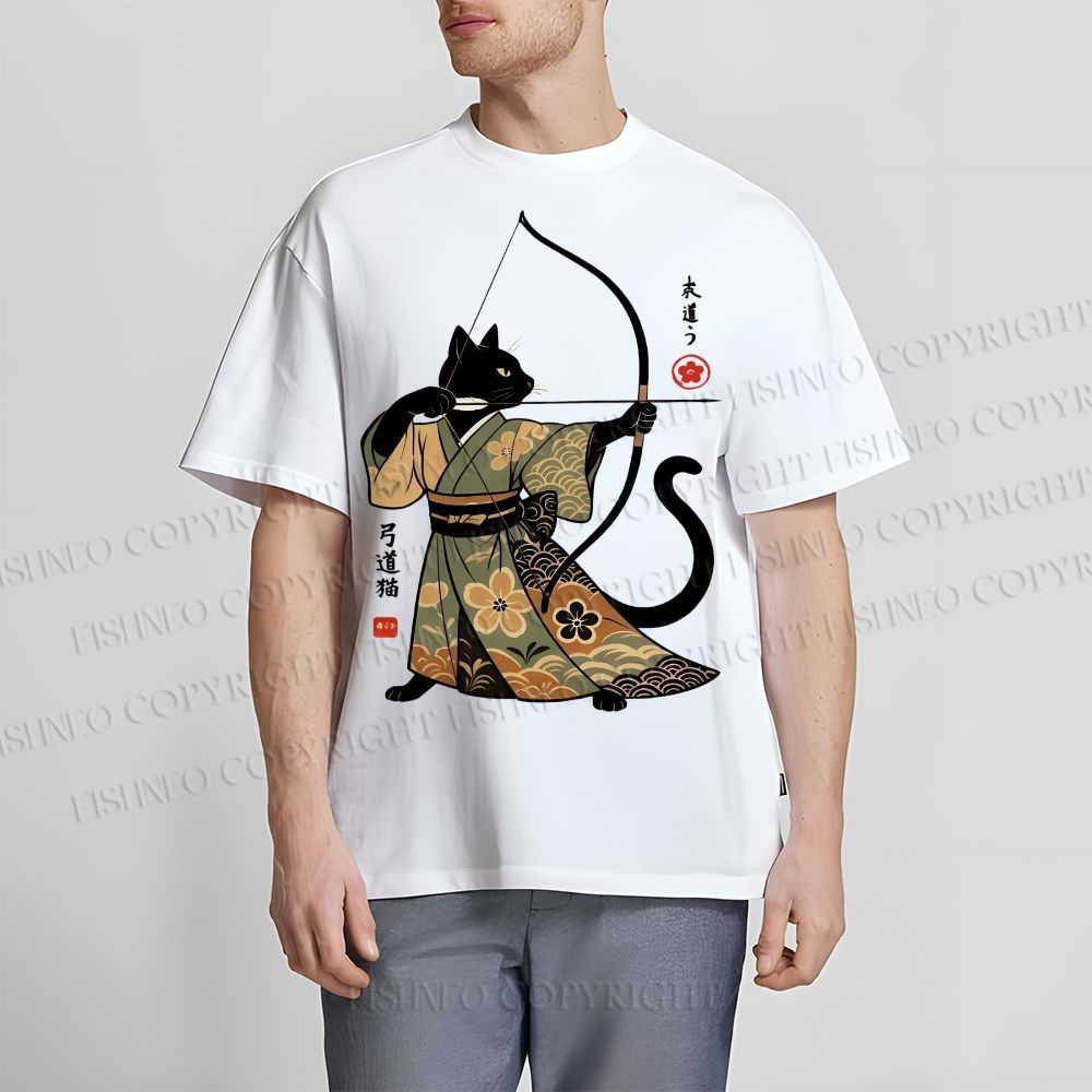 Unisex Vintage Japanese Cat Samurai Classic Cotton T-shirt