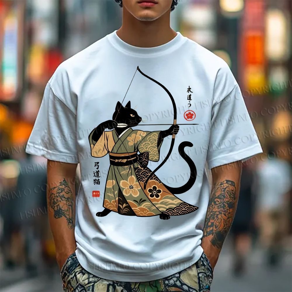 Unisex Vintage Japanese Cat Samurai Classic Cotton T-shirt