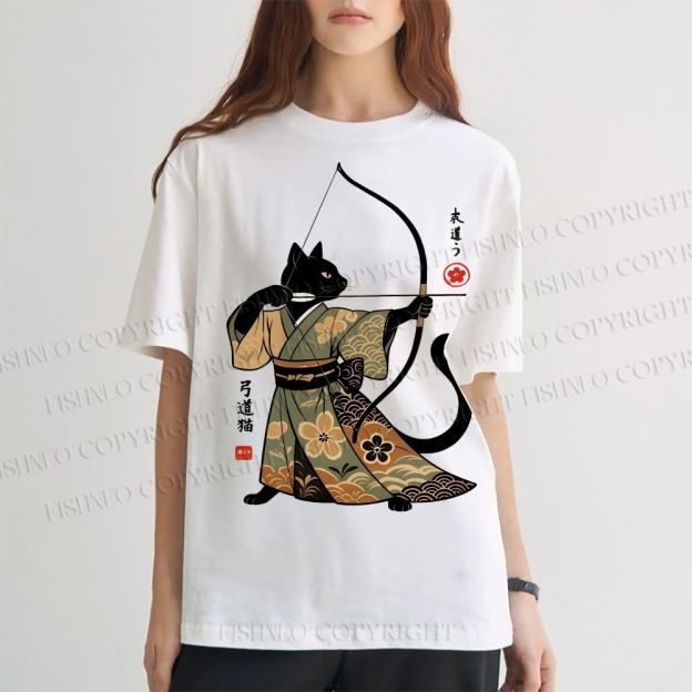 Unisex Vintage Japanese Cat Samurai Classic Cotton T-shirt