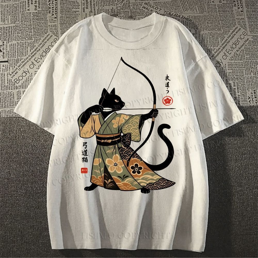 Unisex Vintage Japanese Cat Samurai Classic Cotton T-shirt
