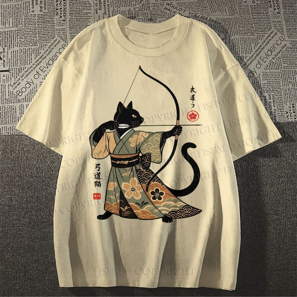 Unisex Vintage Japanese Cat Samurai Classic Cotton T-shirt
