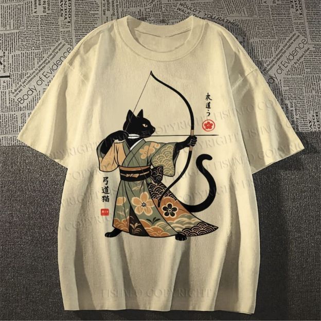 Unisex Vintage Japanese Cat Samurai Classic Cotton T-shirt