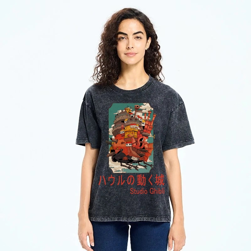 Ghibli Miyazaki Hayao Howl’s Moving Castle Anime Vintage Wash Japanese Design T-Shirt