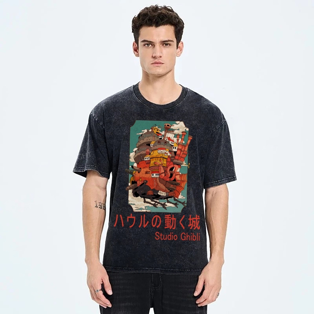 Ghibli Miyazaki Hayao Howl’s Moving Castle Anime Vintage Wash Japanese Design T-Shirt