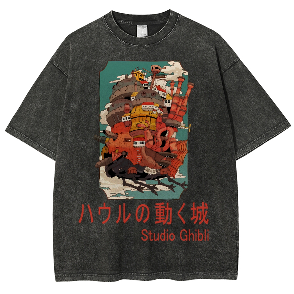 Ghibli Miyazaki Hayao Howl’s Moving Castle Anime Vintage Wash Japanese Design T-Shirt