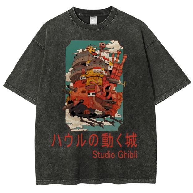 Ghibli Miyazaki Hayao Howl’s Moving Castle Anime Vintage Wash Japanese Design T-Shirt