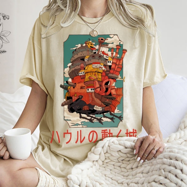 Ghibli Miyazaki Hayao Howl’s Moving Castle Anime Vintage Wash Japanese Design T-Shirt