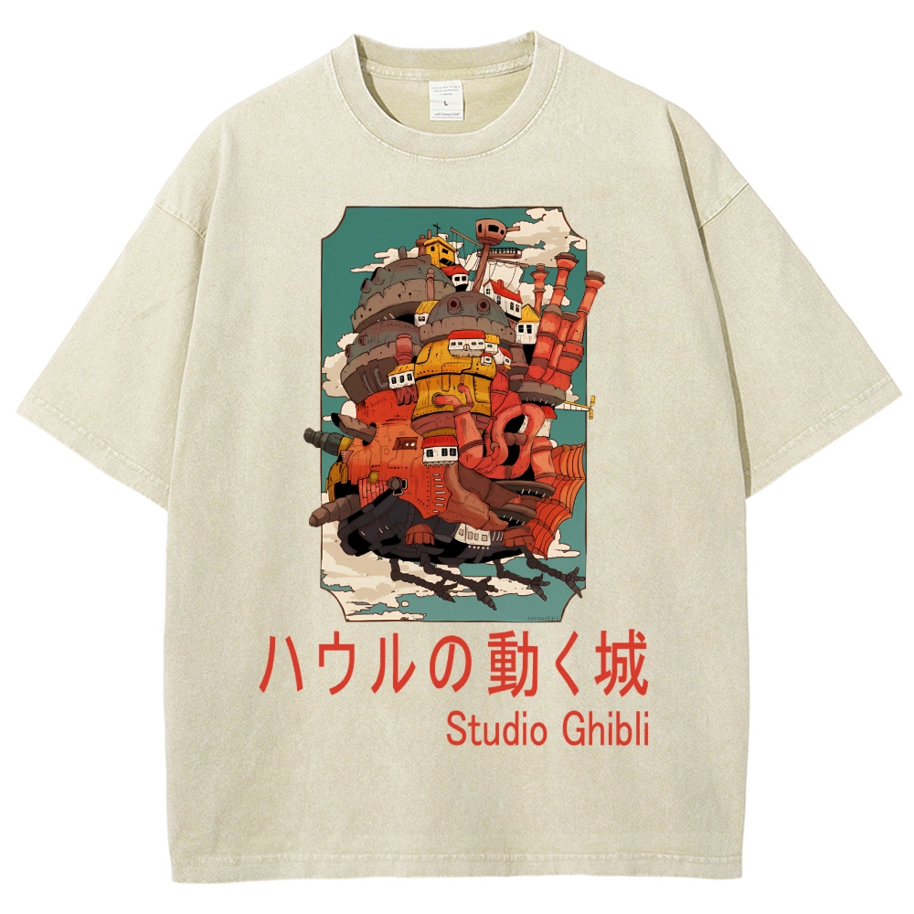 Ghibli Miyazaki Hayao Howl’s Moving Castle Anime Vintage Wash Japanese Design T-Shirt