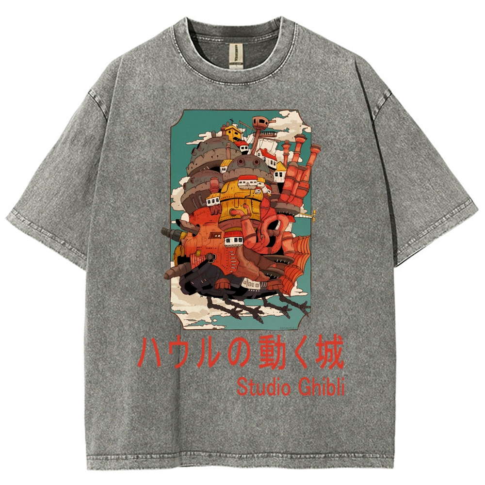 Ghibli Miyazaki Hayao Howl’s Moving Castle Anime Vintage Wash Japanese Design T-Shirt