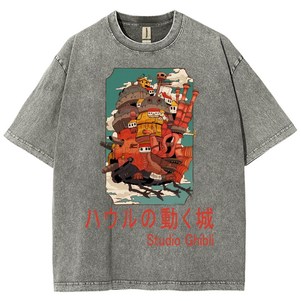 Ghibli Miyazaki Hayao Howl’s Moving Castle Anime Vintage Wash Japanese Design T-Shirt