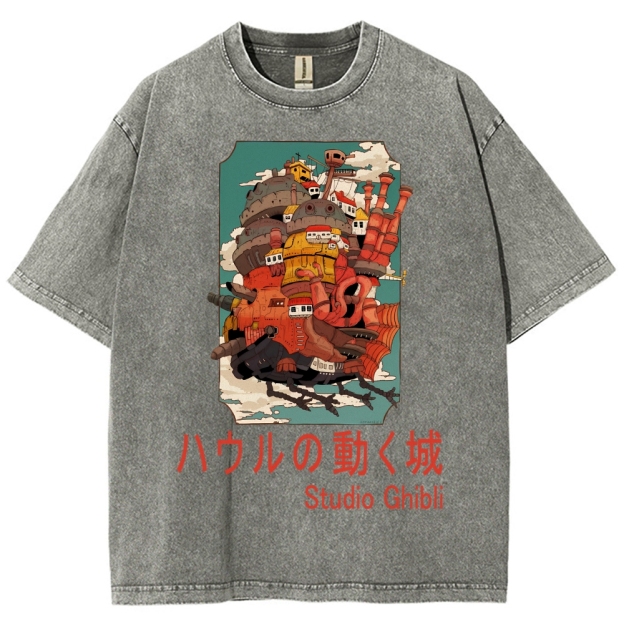 Ghibli Miyazaki Hayao Howl’s Moving Castle Anime Vintage Wash Japanese Design T-Shirt