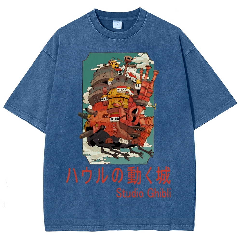 Ghibli Miyazaki Hayao Howl’s Moving Castle Anime Vintage Wash Japanese Design T-Shirt