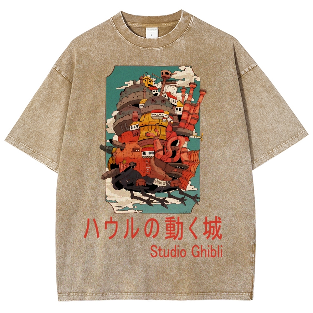 Ghibli Miyazaki Hayao Howl’s Moving Castle Anime Vintage Wash Japanese Design T-Shirt