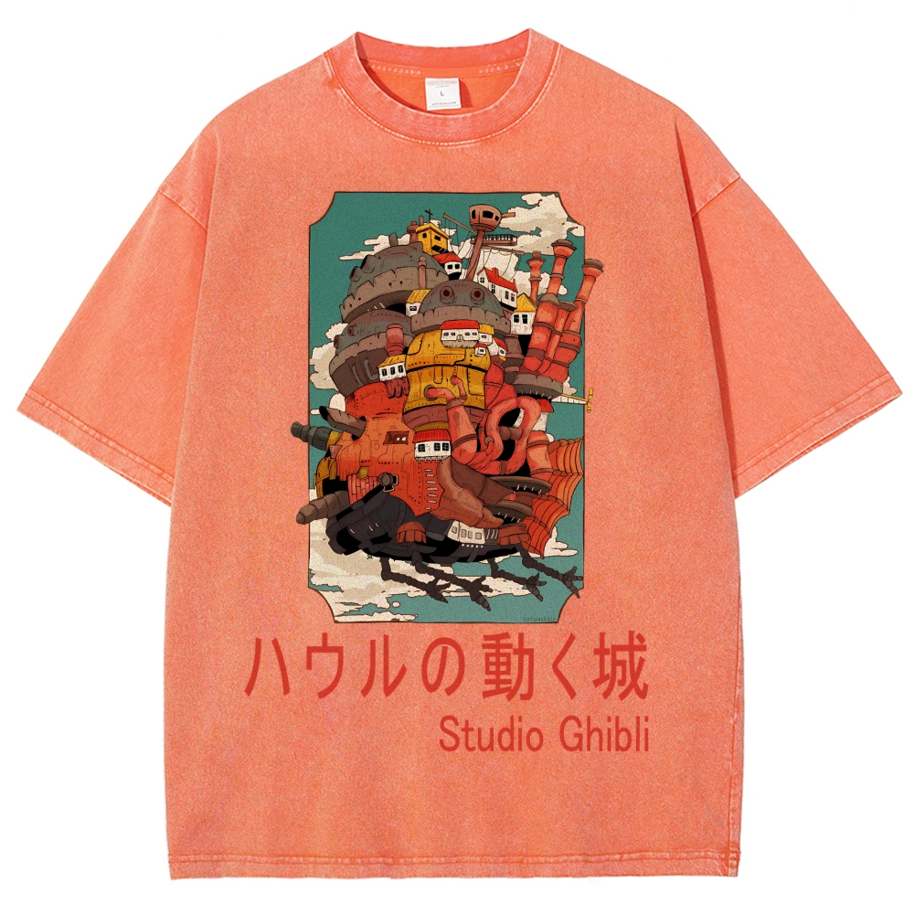 Ghibli Miyazaki Hayao Howl’s Moving Castle Anime Vintage Wash Japanese Design T-Shirt