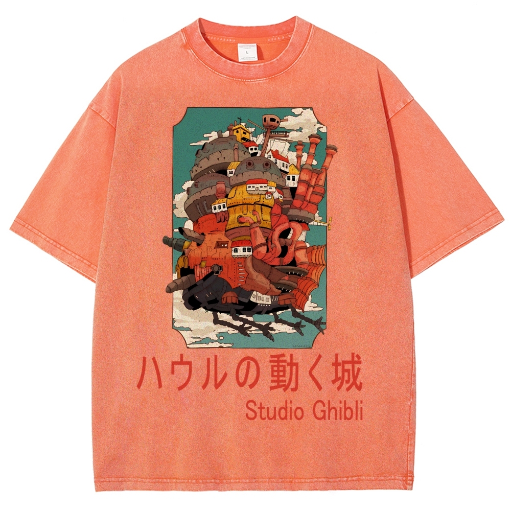 Ghibli Miyazaki Hayao Howl’s Moving Castle Anime Vintage Wash Japanese Design T-Shirt