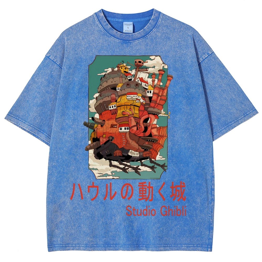Ghibli Miyazaki Hayao Howl’s Moving Castle Anime Vintage Wash Japanese Design T-Shirt