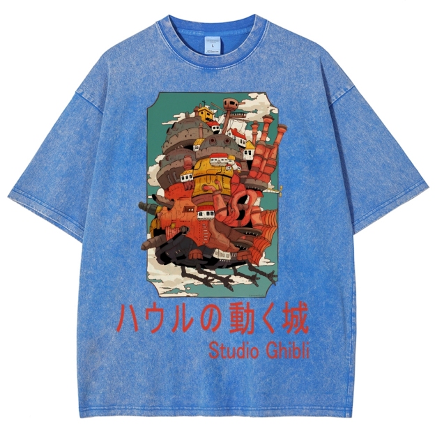 Ghibli Miyazaki Hayao Howl’s Moving Castle Anime Vintage Wash Japanese Design T-Shirt