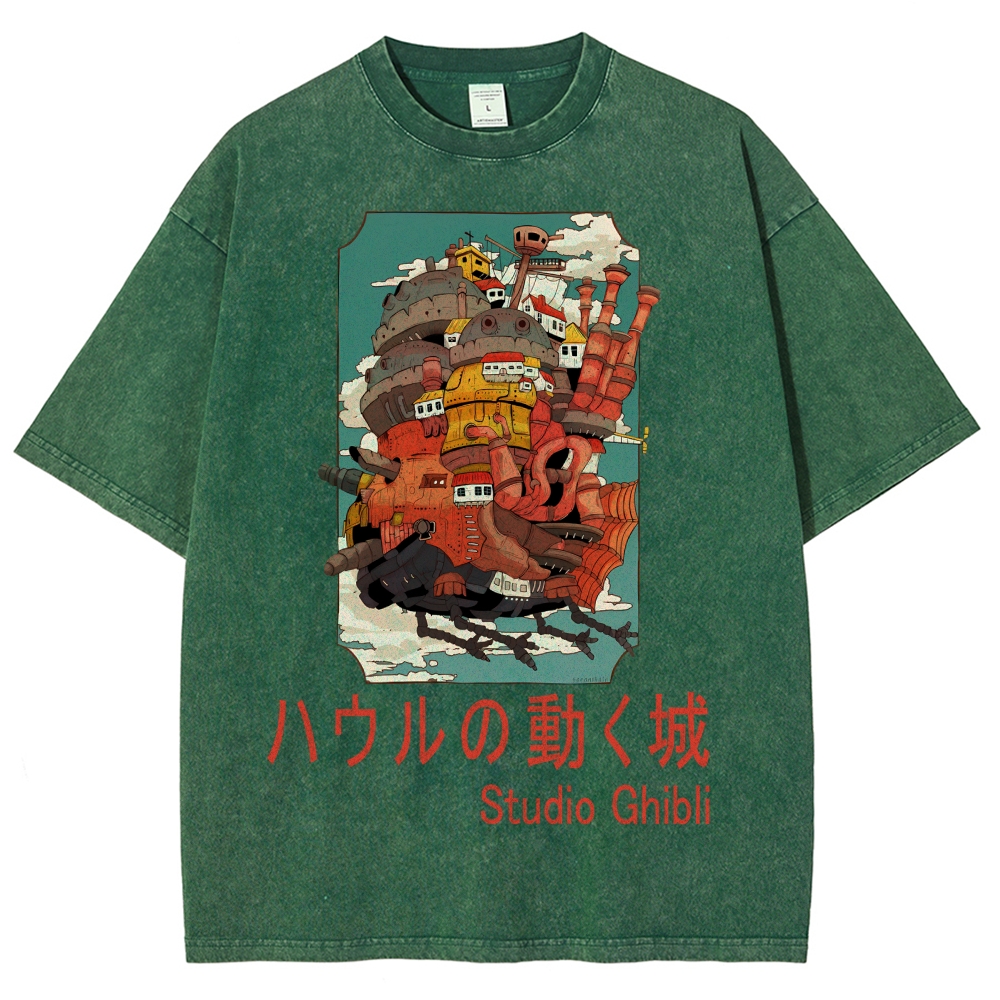 Ghibli Miyazaki Hayao Howl’s Moving Castle Anime Vintage Wash Japanese Design T-Shirt
