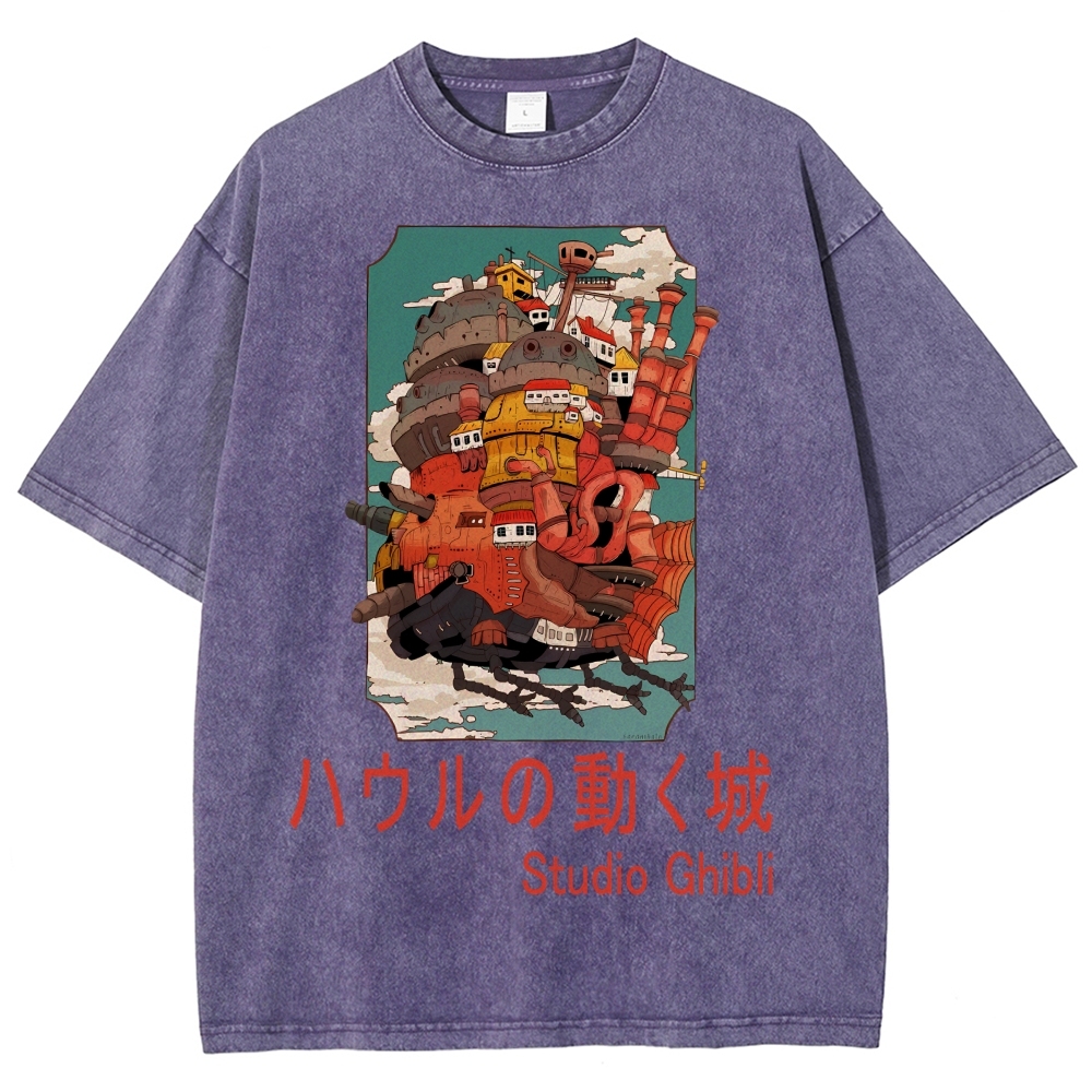 Ghibli Miyazaki Hayao Howl’s Moving Castle Anime Vintage Wash Japanese Design T-Shirt