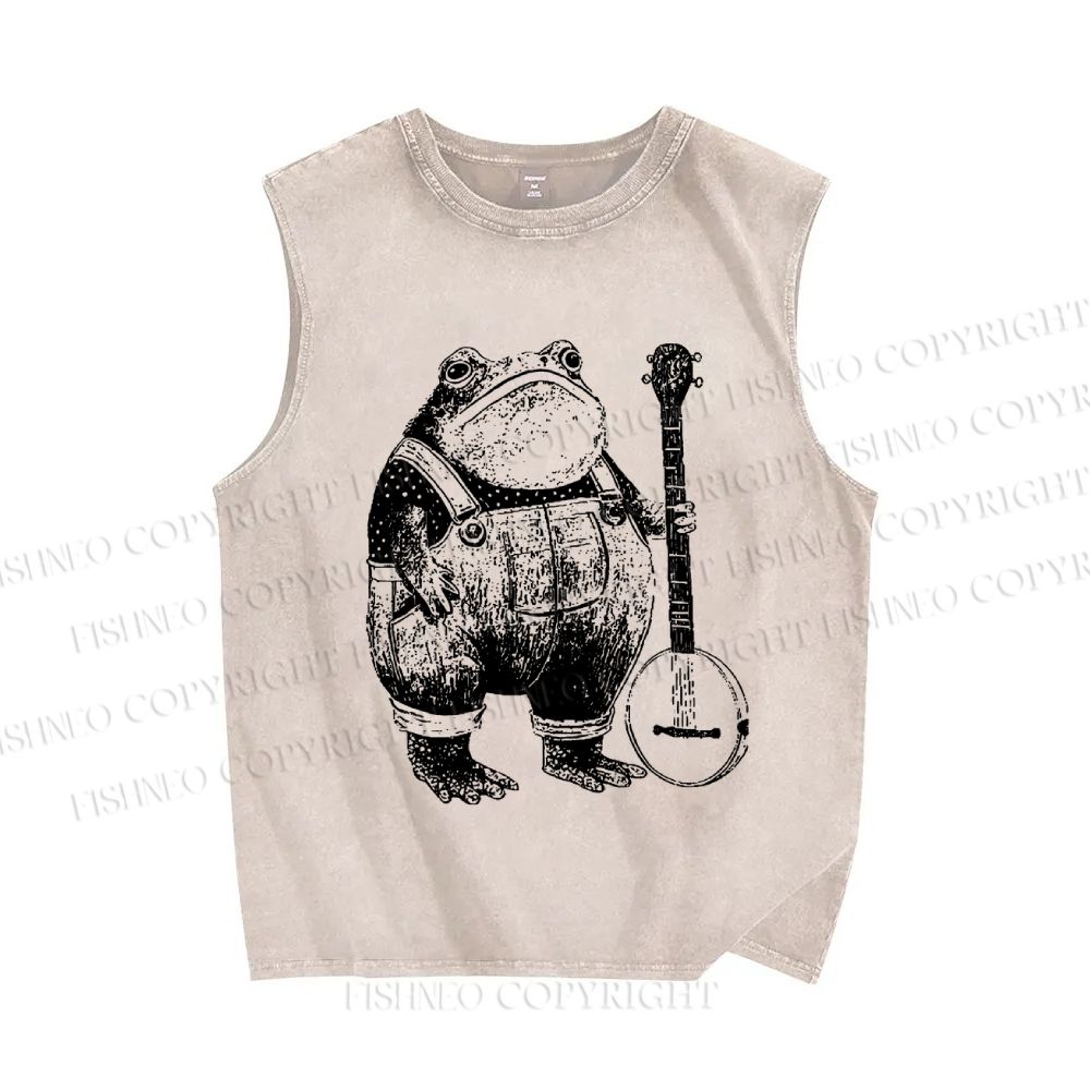 Unisex Vintage Frog Printed Washed Tank Top