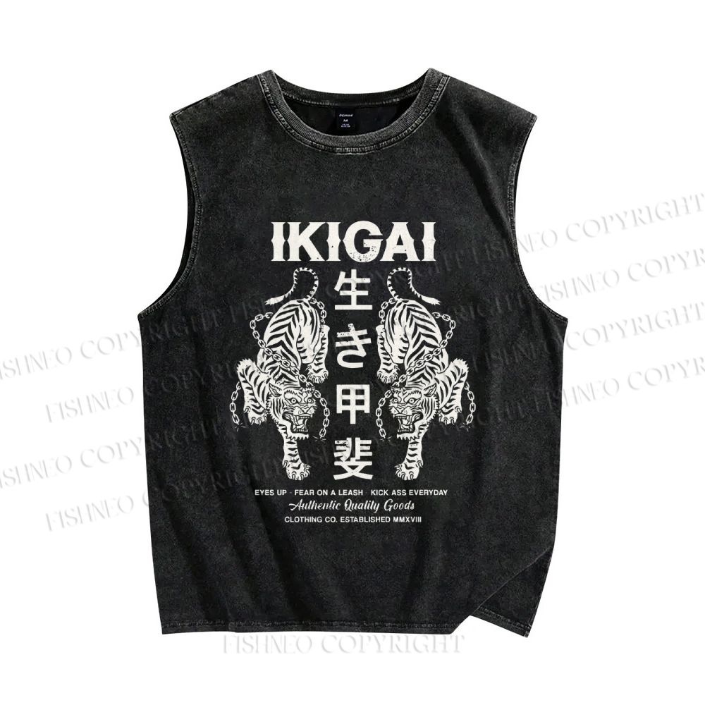 Unisex Vintage Japanese Tiger Printed Washed Tank Top