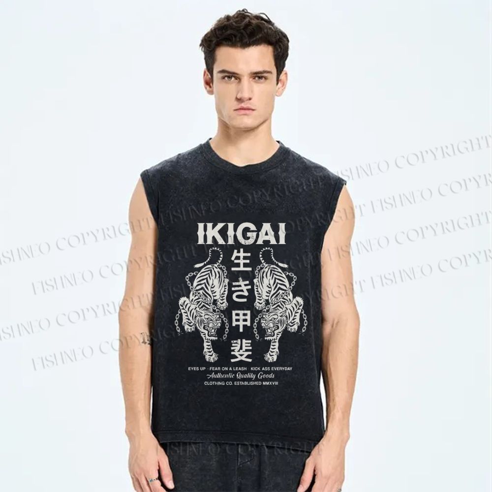 Unisex Vintage Japanese Tiger Printed Washed Tank Top