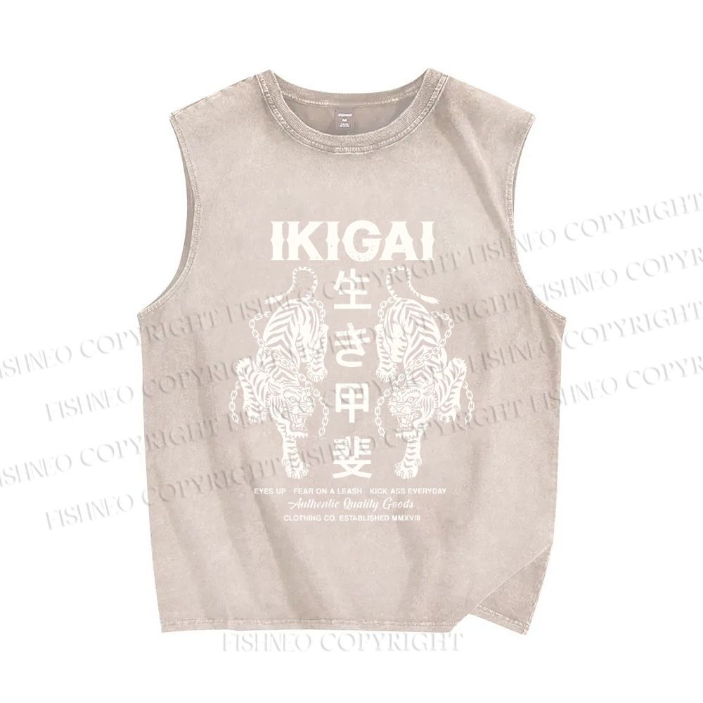 Unisex Vintage Japanese Tiger Printed Washed Tank Top