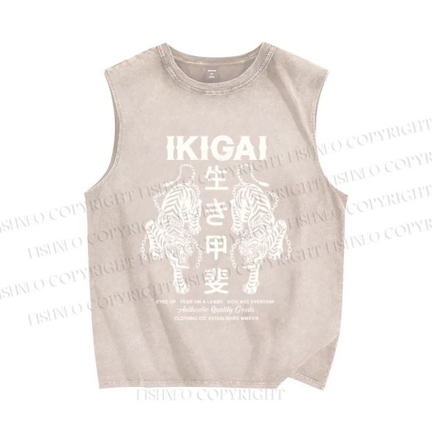Unisex Vintage Japanese Tiger Printed Washed Tank Top