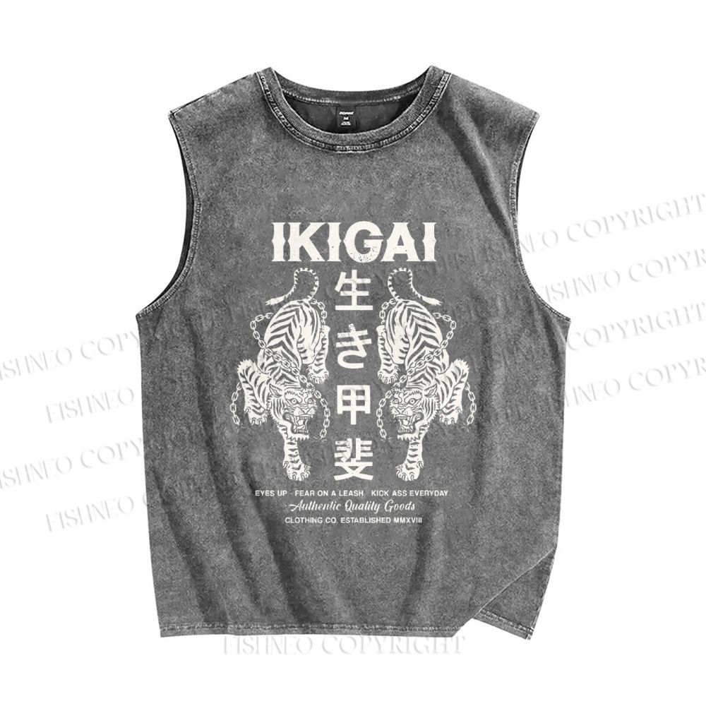 Unisex Vintage Japanese Tiger Printed Washed Tank Top