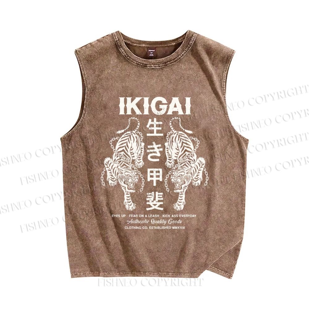 Unisex Vintage Japanese Tiger Printed Washed Tank Top