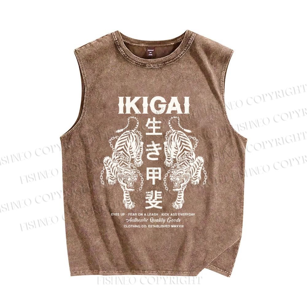 Unisex Vintage Japanese Tiger Printed Washed Tank Top