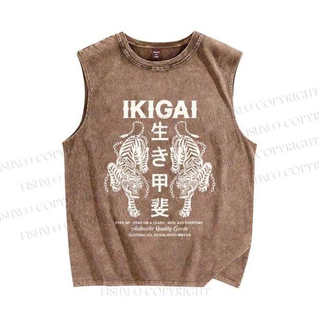 Unisex Vintage Japanese Tiger Printed Washed Tank Top