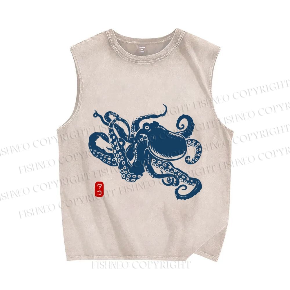 Unisex Octopus Japanese Style Printed Washed Tank Top
