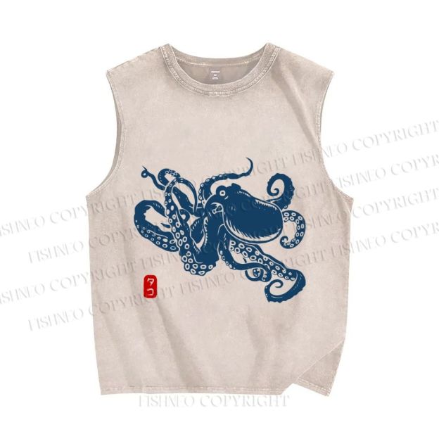 Unisex Octopus Japanese Style Printed Washed Tank Top