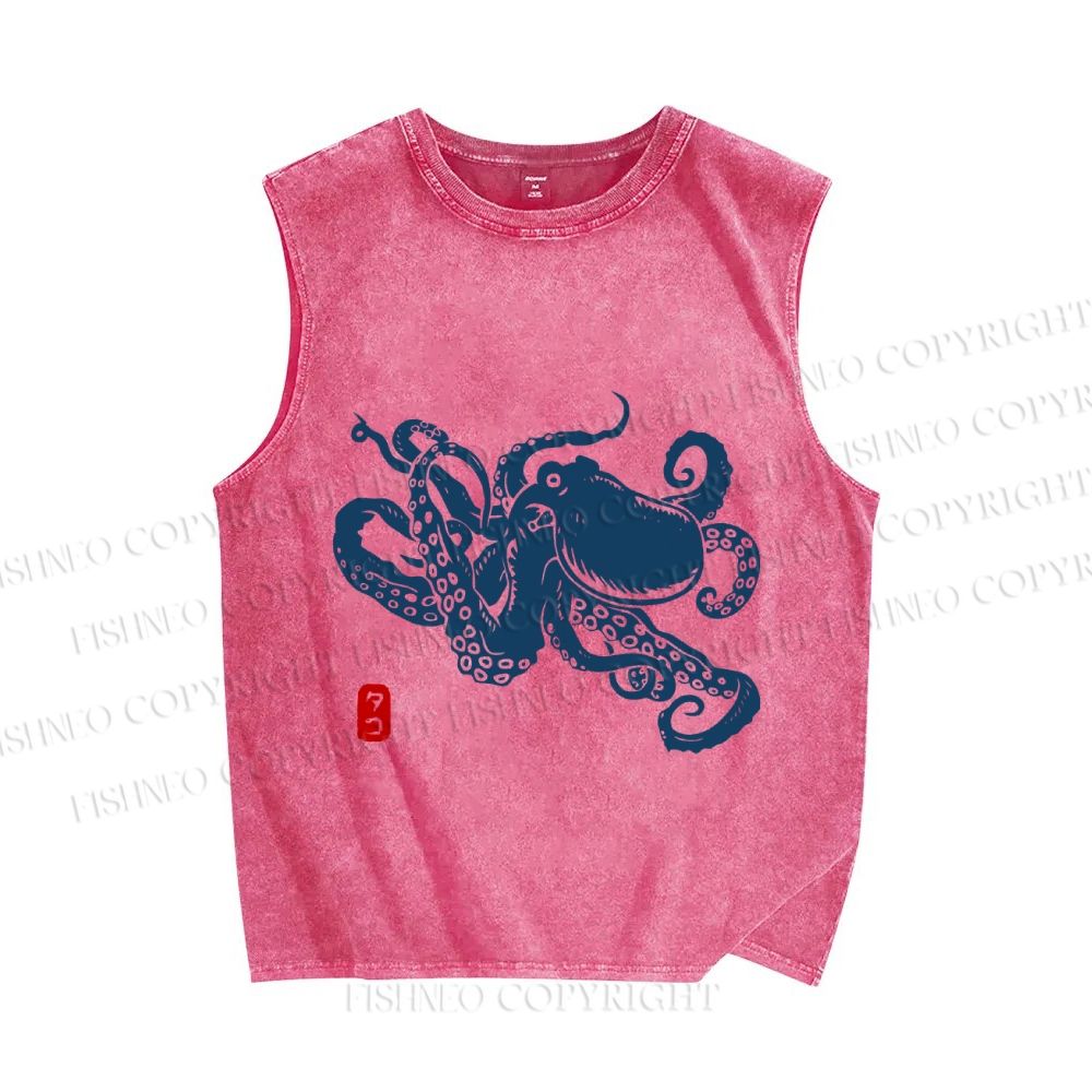 Unisex Octopus Japanese Style Printed Washed Tank Top
