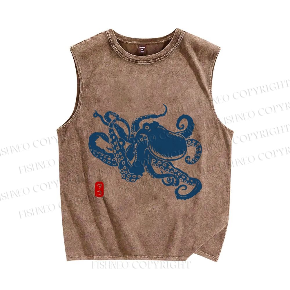 Unisex Octopus Japanese Style Printed Washed Tank Top